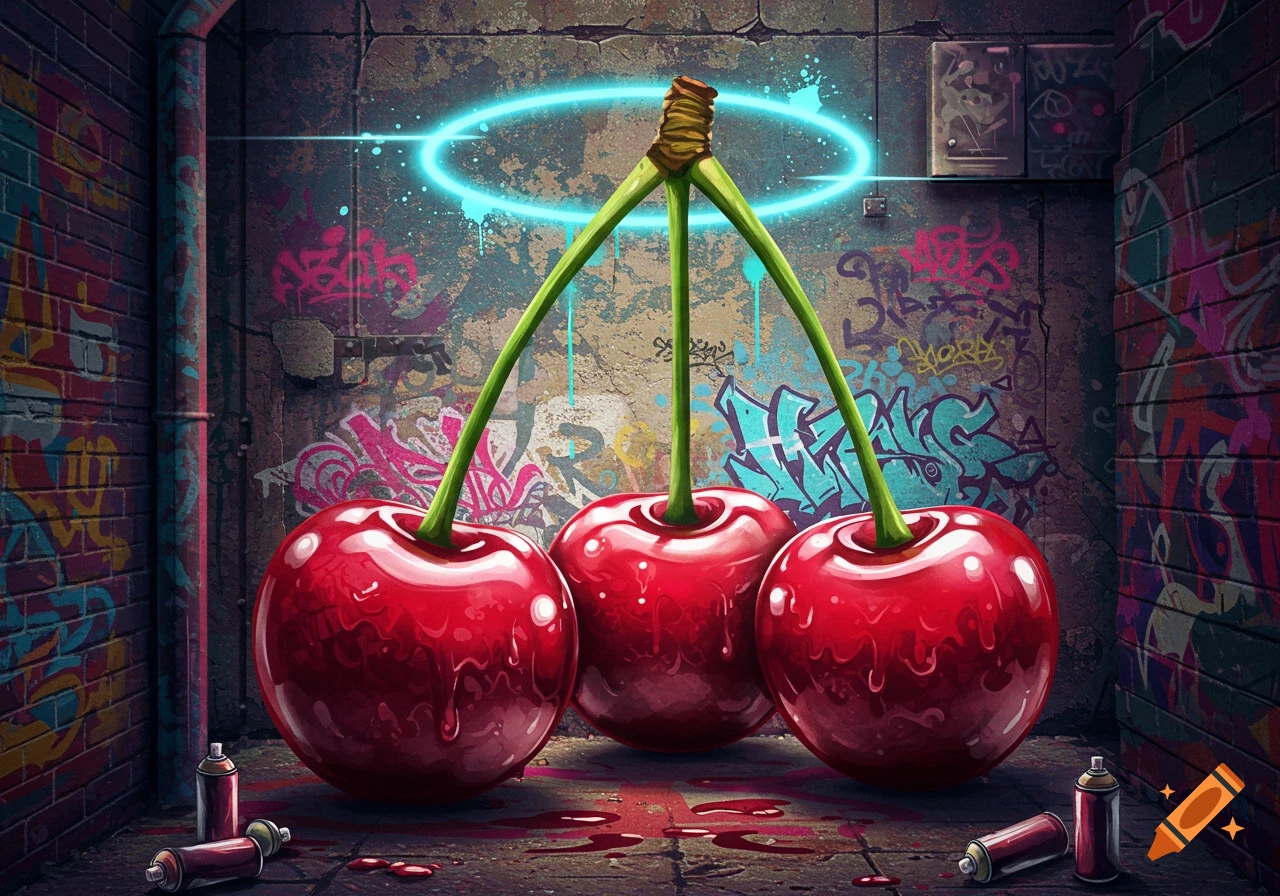 Three glossy red cherries with long green stems stand on a grimy alley floor with neon graffiti, spray paint cans, and red liquid splatters, under a glowing blue halo.