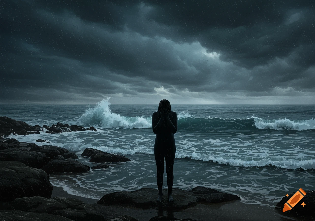 A solitary figure stands on a rock by a stormy ocean under a dark, rainy sky, covering their face.