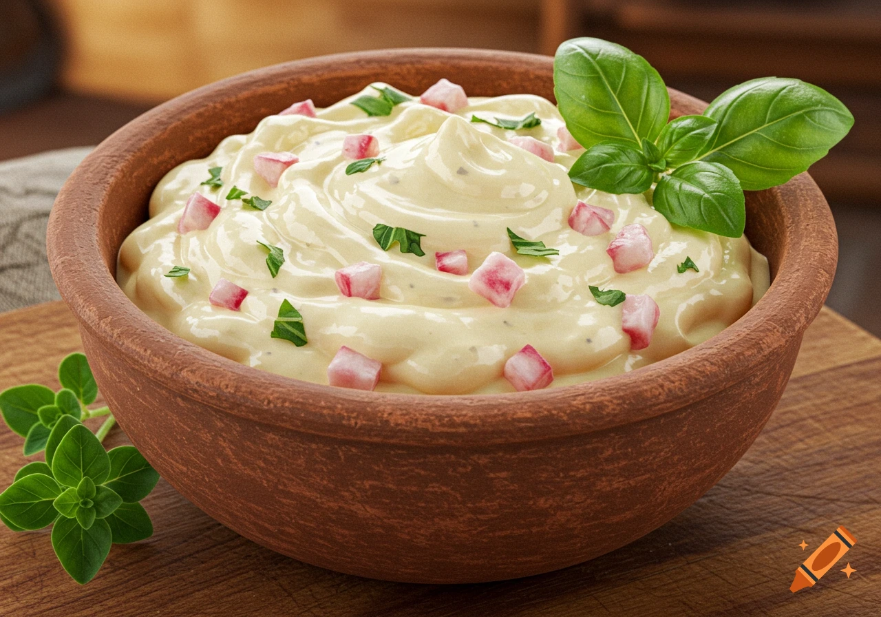 A rustic brown bowl holds creamy yellow sauce with pink radish cubes and green herbs, garnished with basil and oregano leaves on a wooden table.