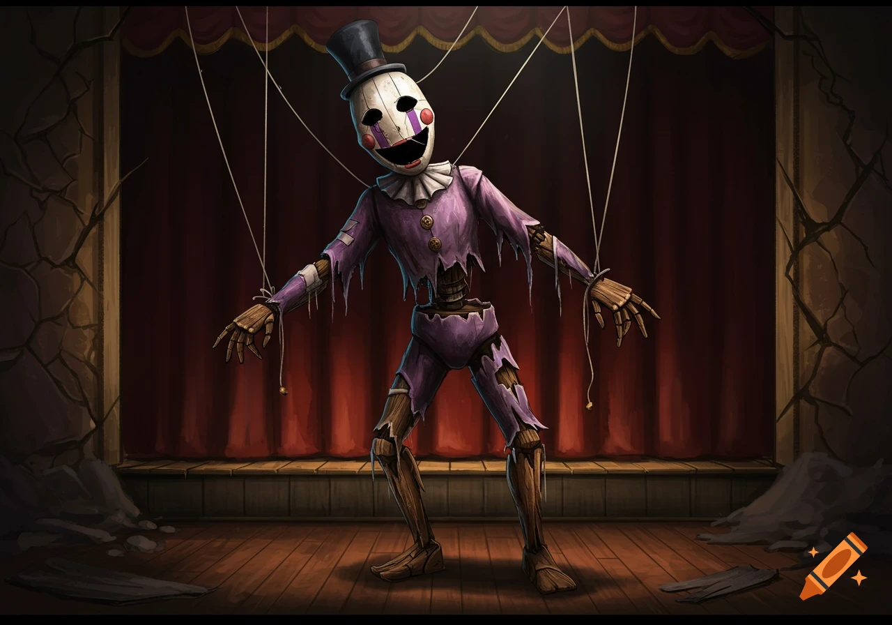 A creepy marionette with a shattered mask face and empty black eyes, wearing a top hat and tattered purple clothes, stands on a dimly lit stage with red curtains.