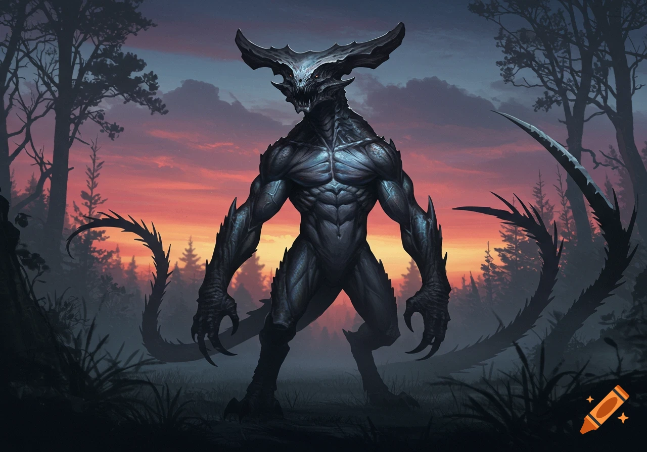 A muscular, dark blue-grey monster with large horns and two spiked tails stands in a forest clearing at sunset. The sky is fiery orange and red.