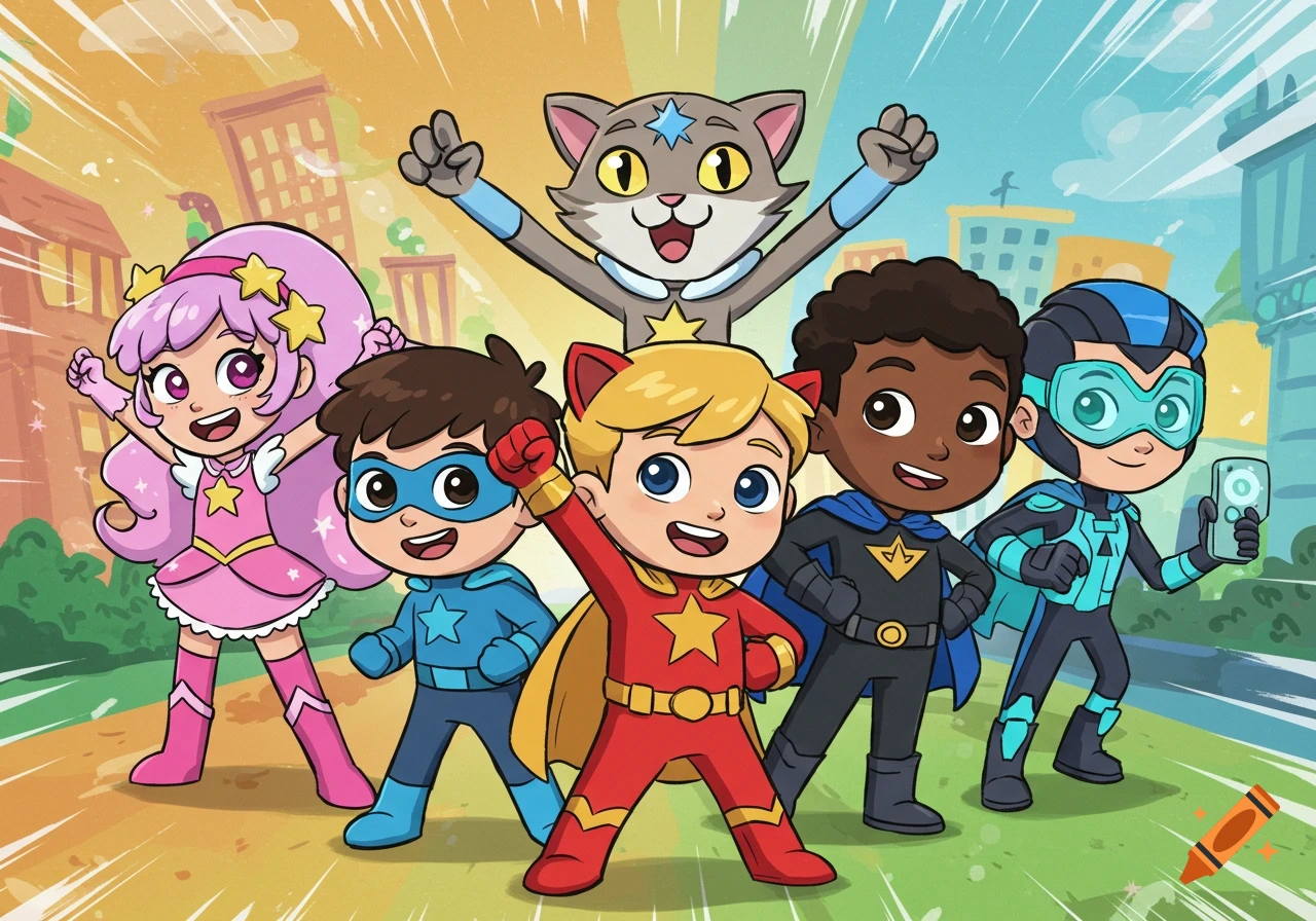 A diverse group of smiling cartoon child superheroes and a cat superhero strike heroic poses in front of a bright, cheerful cityscape.