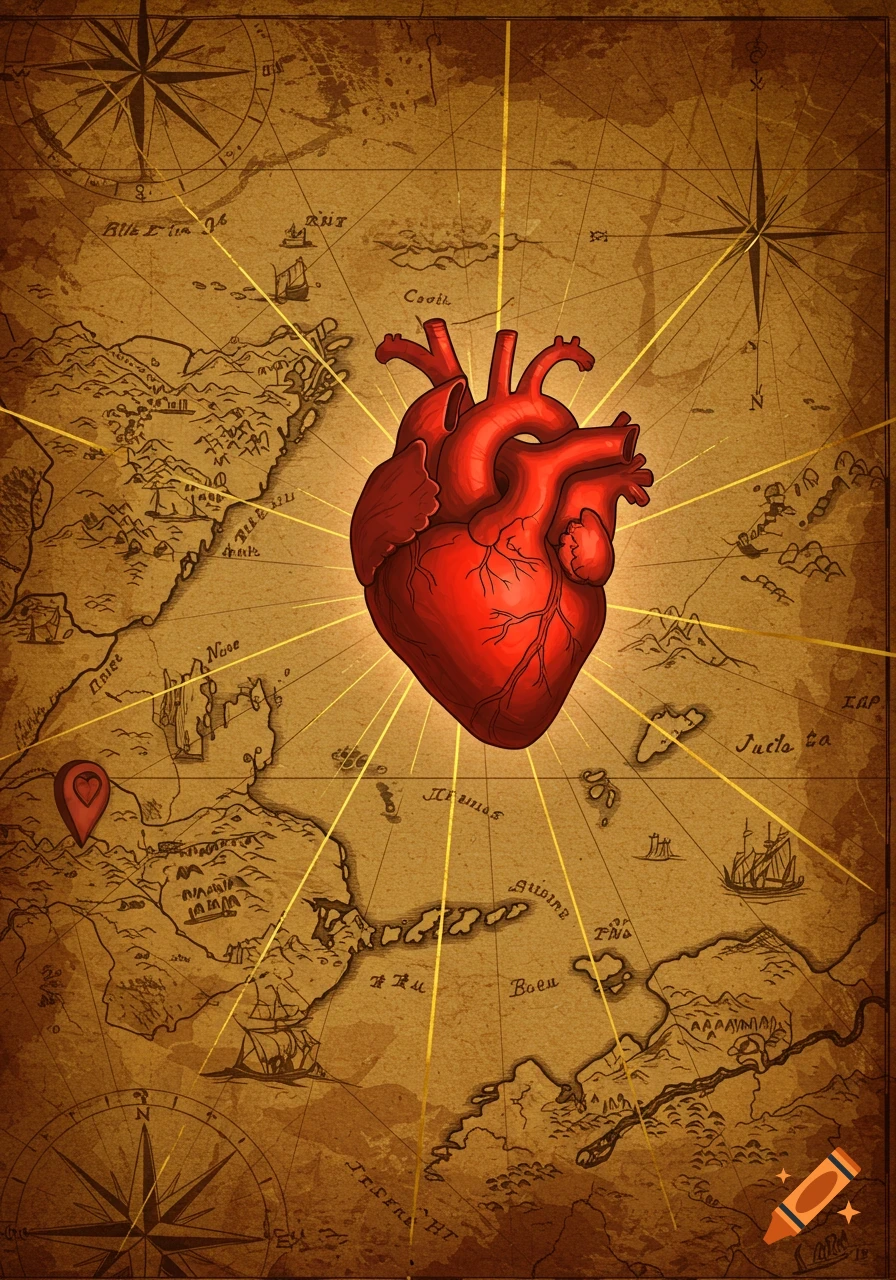 A glowing red anatomical heart sits centrally on an old, intricate fantasy treasure map with a compass rose and golden light rays emanating from the heart.