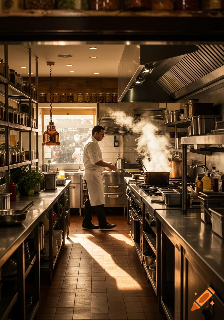 Photorealistic image of a chef cooking in a commercial kitchen with steam rising from a pot.