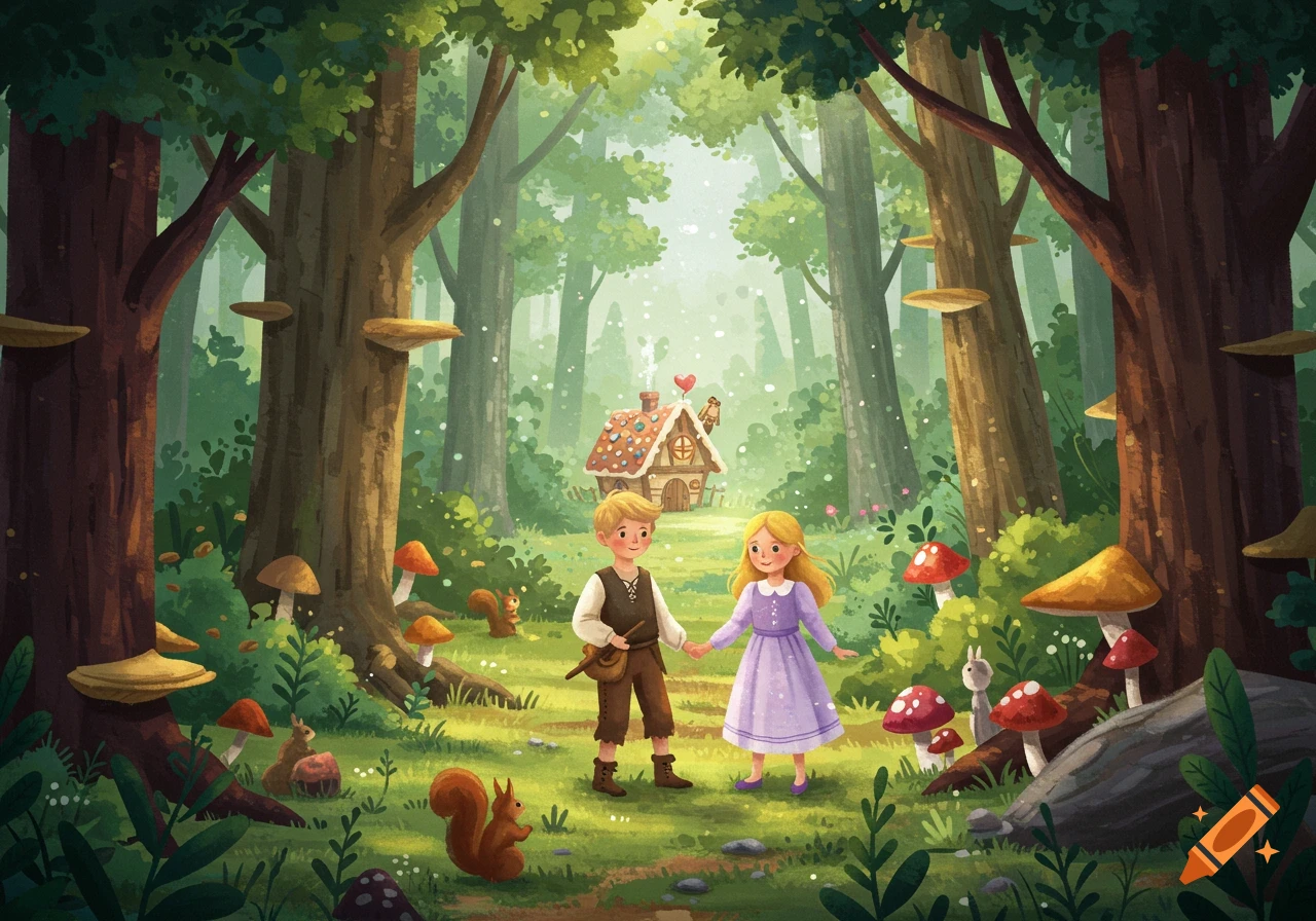 Colorful illustration of Hansel and Gretel holding hands in an enchanting forest with a gingerbread house and mushrooms.
