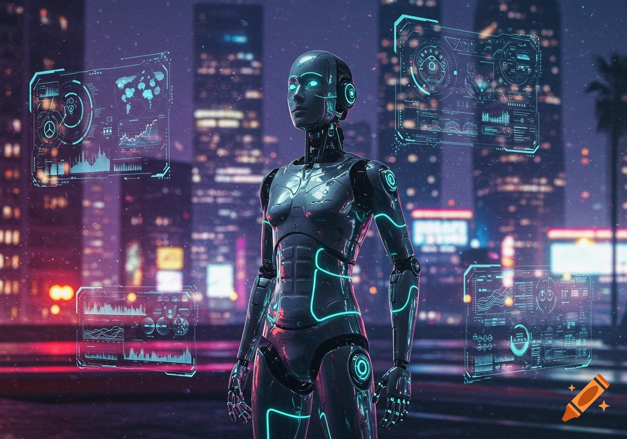 A sleek, black futuristic robot with glowing blue lines stands in a neon-lit cyberpunk city, surrounded by holographic data displays.