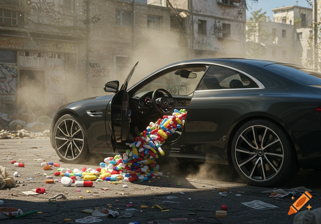A dark Mercedes-Benz coupe with its door open, spilling colorful pills onto a dusty street in a derelict urban setting.