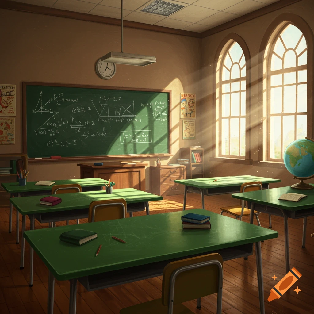 A sunlit classroom with green tables, a chalkboard filled with equations, large arched windows, and a globe.