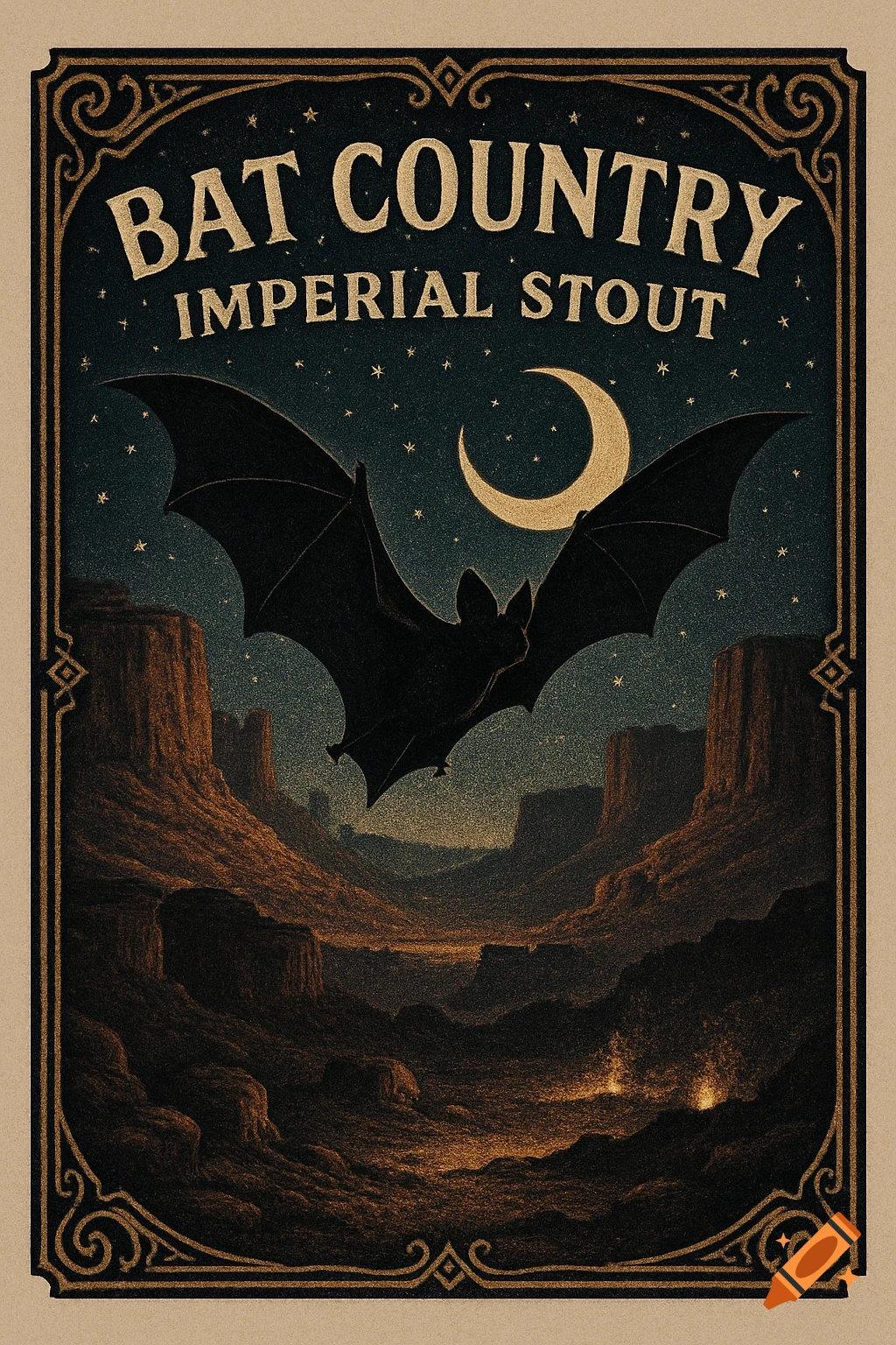 Vintage poster art of a large bat flying over a dark canyon at night, with a crescent moon and stars, and text 'BAT COUNTRY IMPERIAL STOUT'.