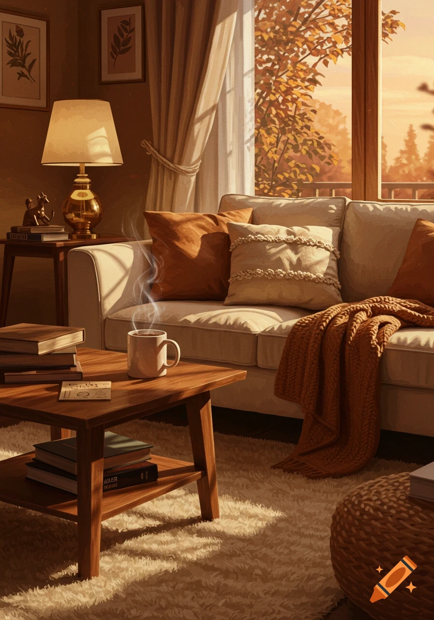 Cozy living room with warm lighting, a couch, coffee table with a steaming mug, and a window showing autumn trees at sunset. Painterly.