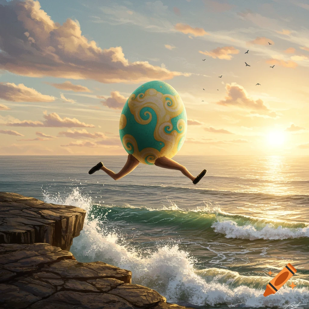 A large, teal and gold patterned egg with human legs jumps off a rocky cliff into the ocean at sunset.