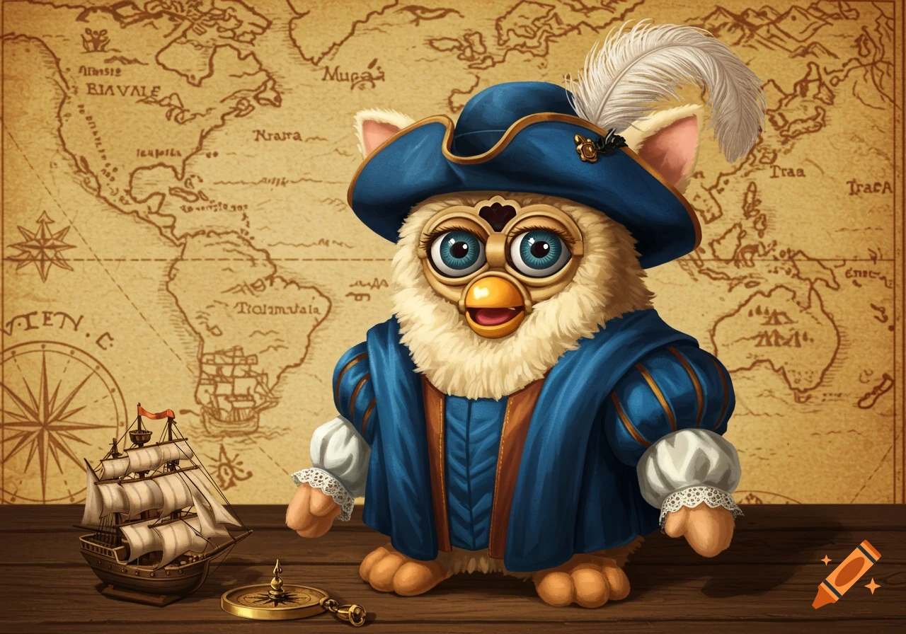 A Furby dressed in a blue historical pirate or explorer costume, complete with a feathered hat, stands on a wooden table with a ship model and compass, against a backdrop of an old-world map in an illustrated style.