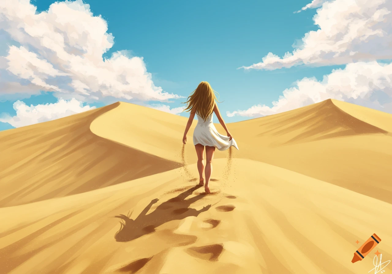 Illustration of a blonde woman in a white dress walking into a desert landscape with sand dunes and a blue sky.