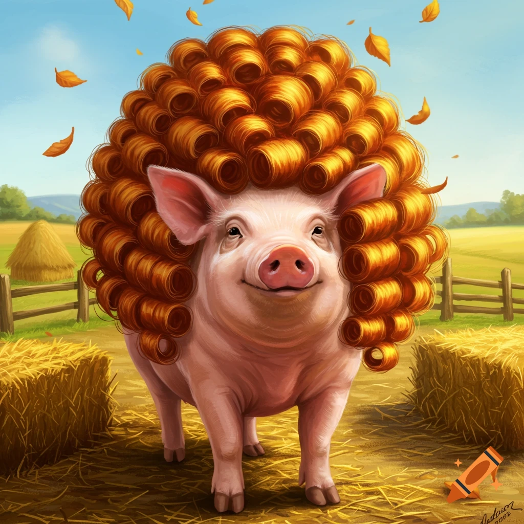 A cute pig with a large, curly orange wig smiles in a sunny farm field with hay bales and falling autumn leaves.