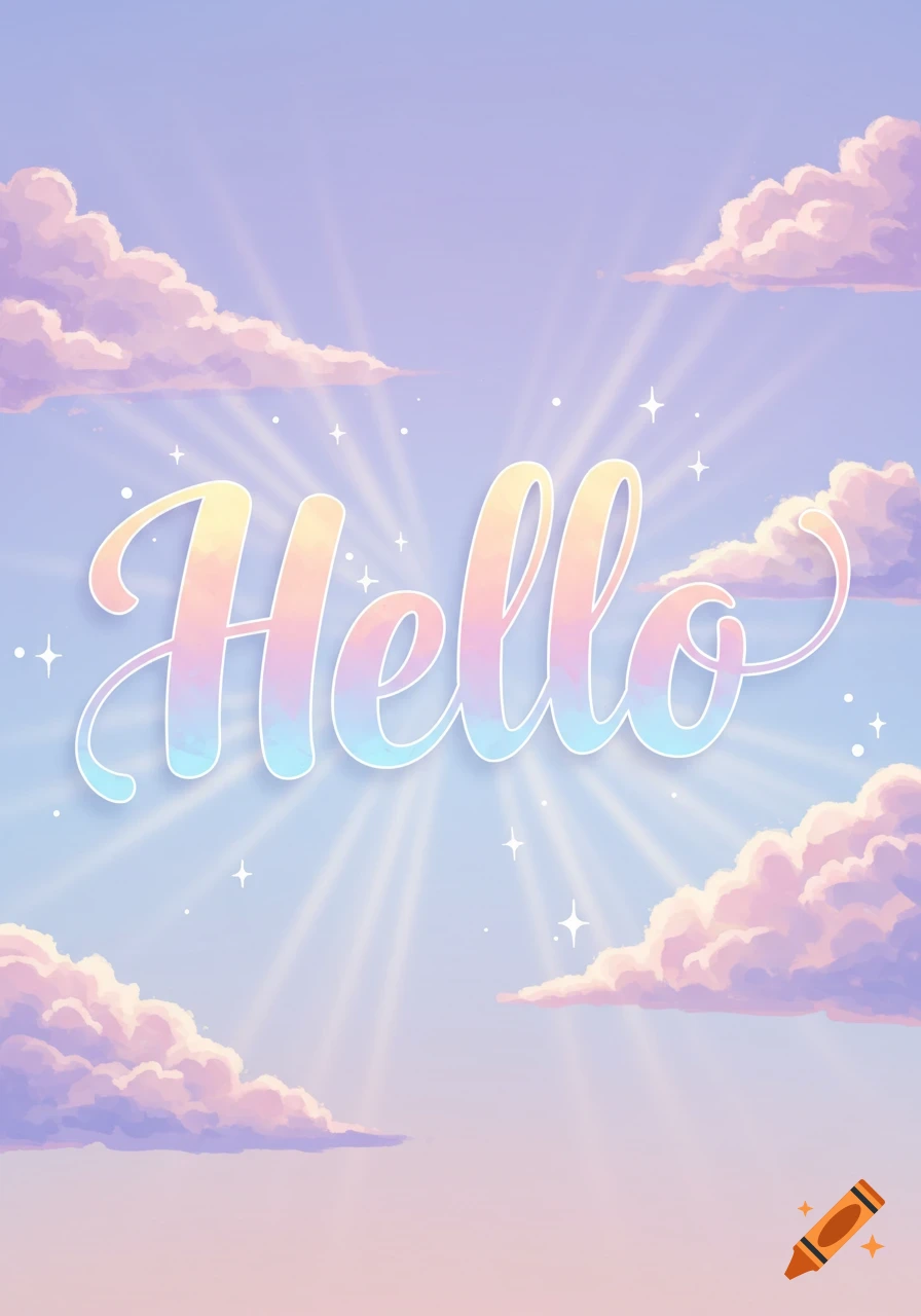 The word 'Hello' in pastel gradient script, with radiant light rays behind it, surrounded by pink and purple clouds in a dreamy sky.