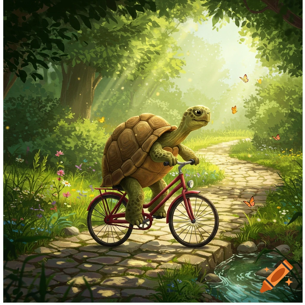 Whimsical illustration of a happy turtle riding a red bicycle down a sunlit forest path with butterflies.