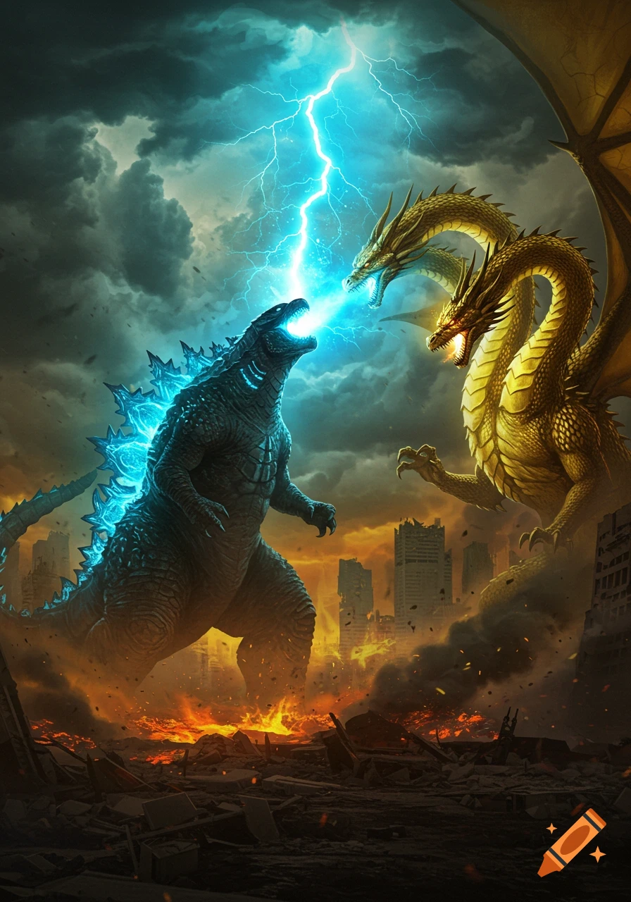 Godzilla unleashes blue atomic breath at the three-headed golden King Ghidorah amidst a burning, destroyed city.