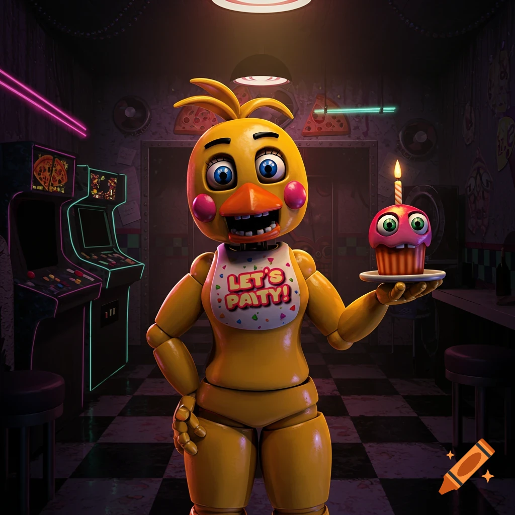 Toy Chica, a yellow animatronic chicken with a "LET'S PATY!" bib, holds a cupcake in a dark arcade room.
