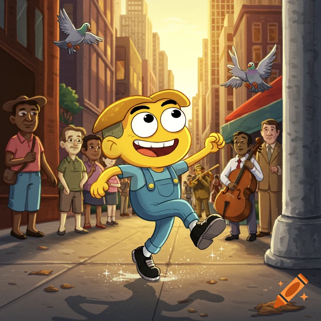 Joyful cartoon character Cricket Green tap dances on a busy city street, kicking up sparkles, with pigeons flying and people watching in the background.