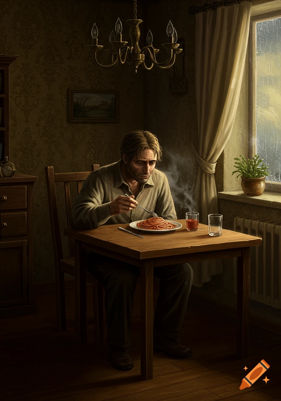 A depressed man with blond hair eats spaghetti at a wooden table in a dimly lit room as rain falls outside the window.