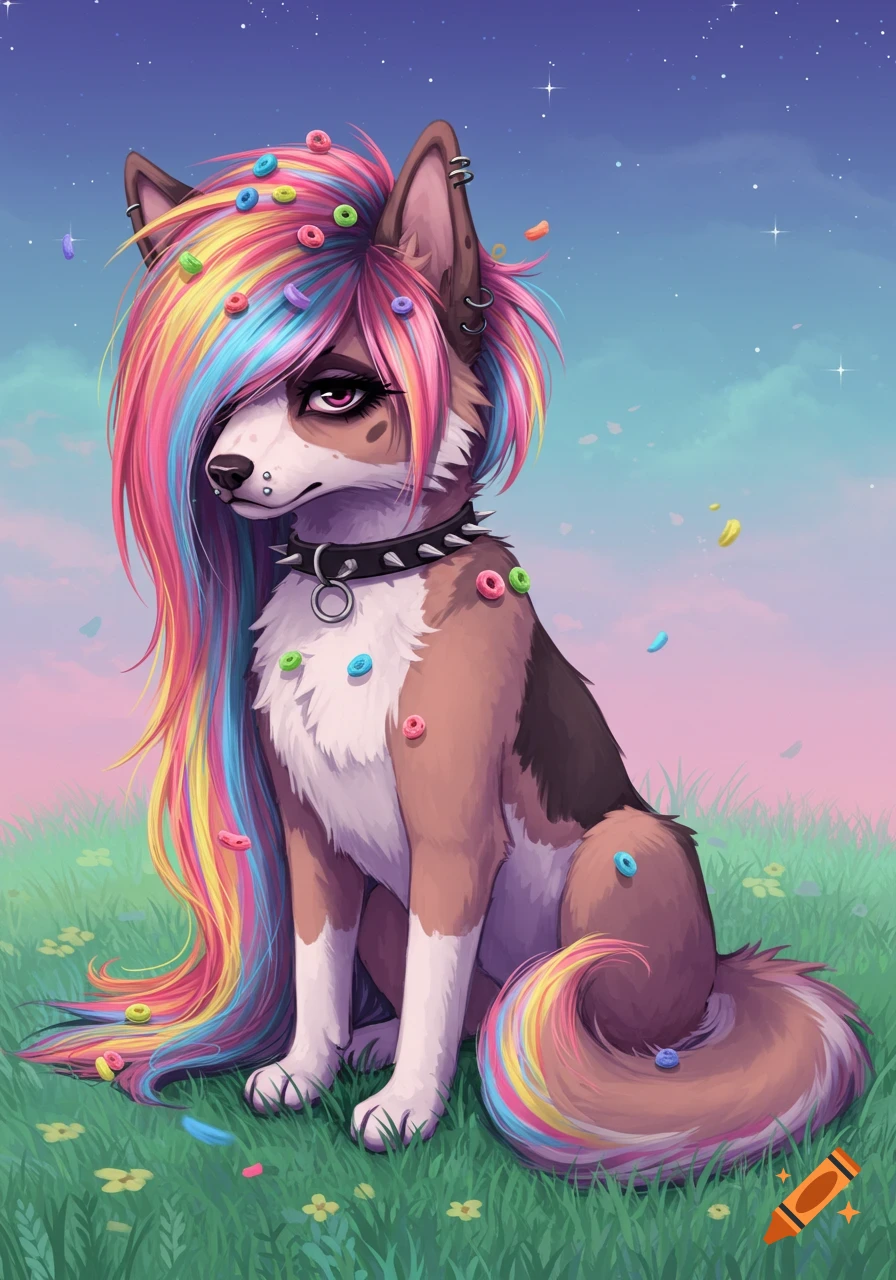 A brown and white emo dog with long, rainbow-colored hair and cereal pieces, sitting in grass under a pastel sky.