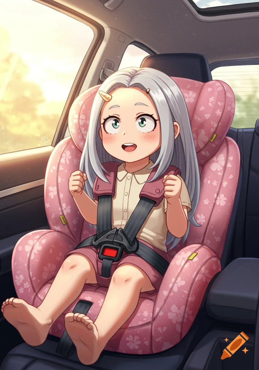 Anime girl with white hair and small horns, in a pink child car seat, smiling in a car.