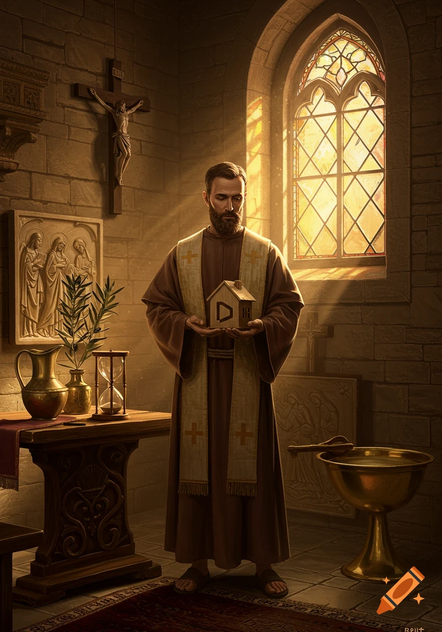 A bearded priest in a brown robe and stole stands in a sunlit church, holding a small wooden house with a 'D' and play button symbol. A crucifix hangs on the stone wall behind him, and a stained glass window streams light onto the scene. Other religious artifacts are on a table beside him.
