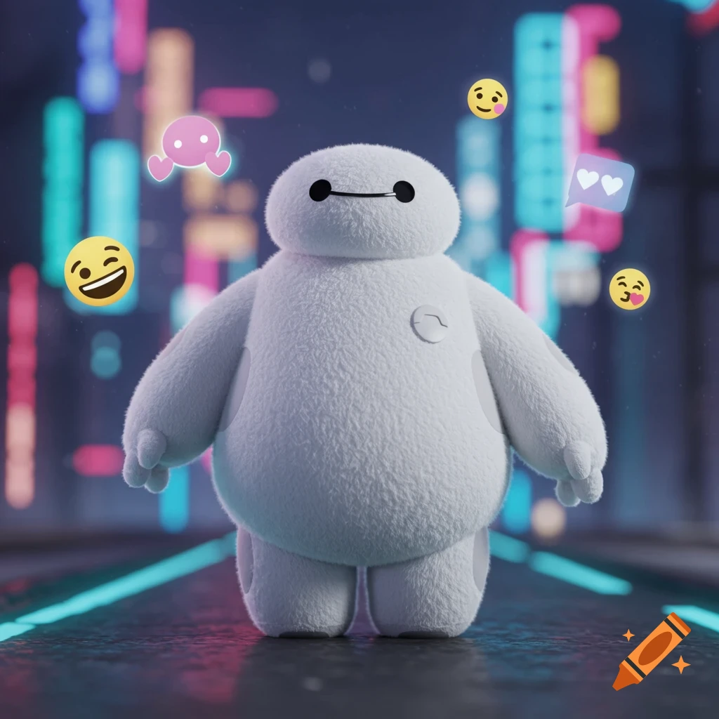 Fluffy white Baymax robot stands on a neon-lit street, surrounded by floating emojis in a 3D animated style.