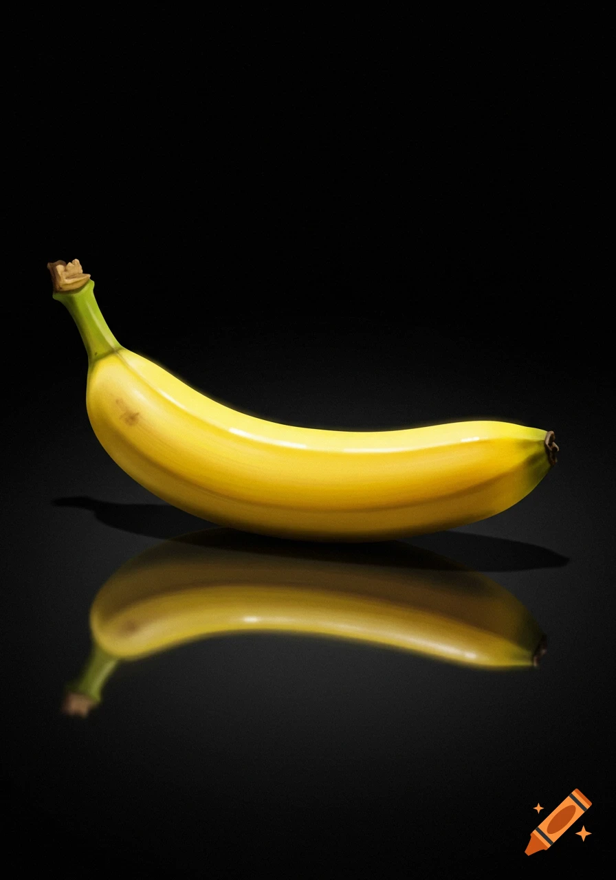 A single yellow banana lies on a reflective black surface, casting a clear reflection below.