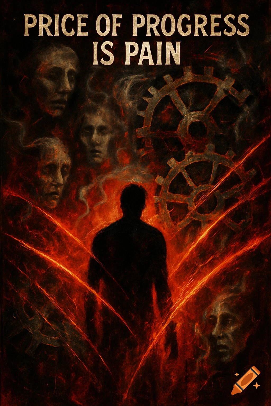 Dark allegorical art featuring a silhouette in fiery red, surrounded by distressed faces and gears. Text: PRICE OF PROGRESS IS PAIN.