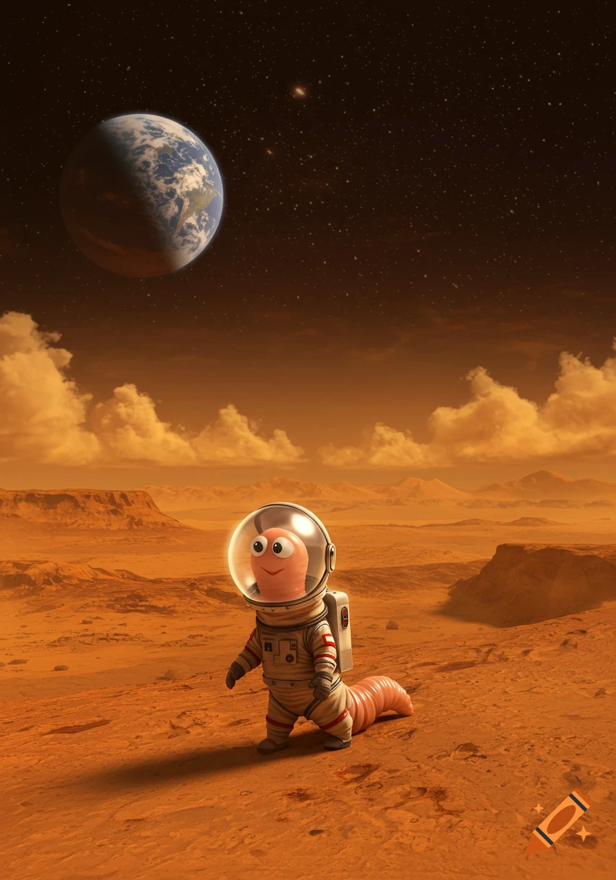 A whimsical cartoon worm in a white astronaut suit stands on the orange Martian landscape under a dark sky with Earth visible.