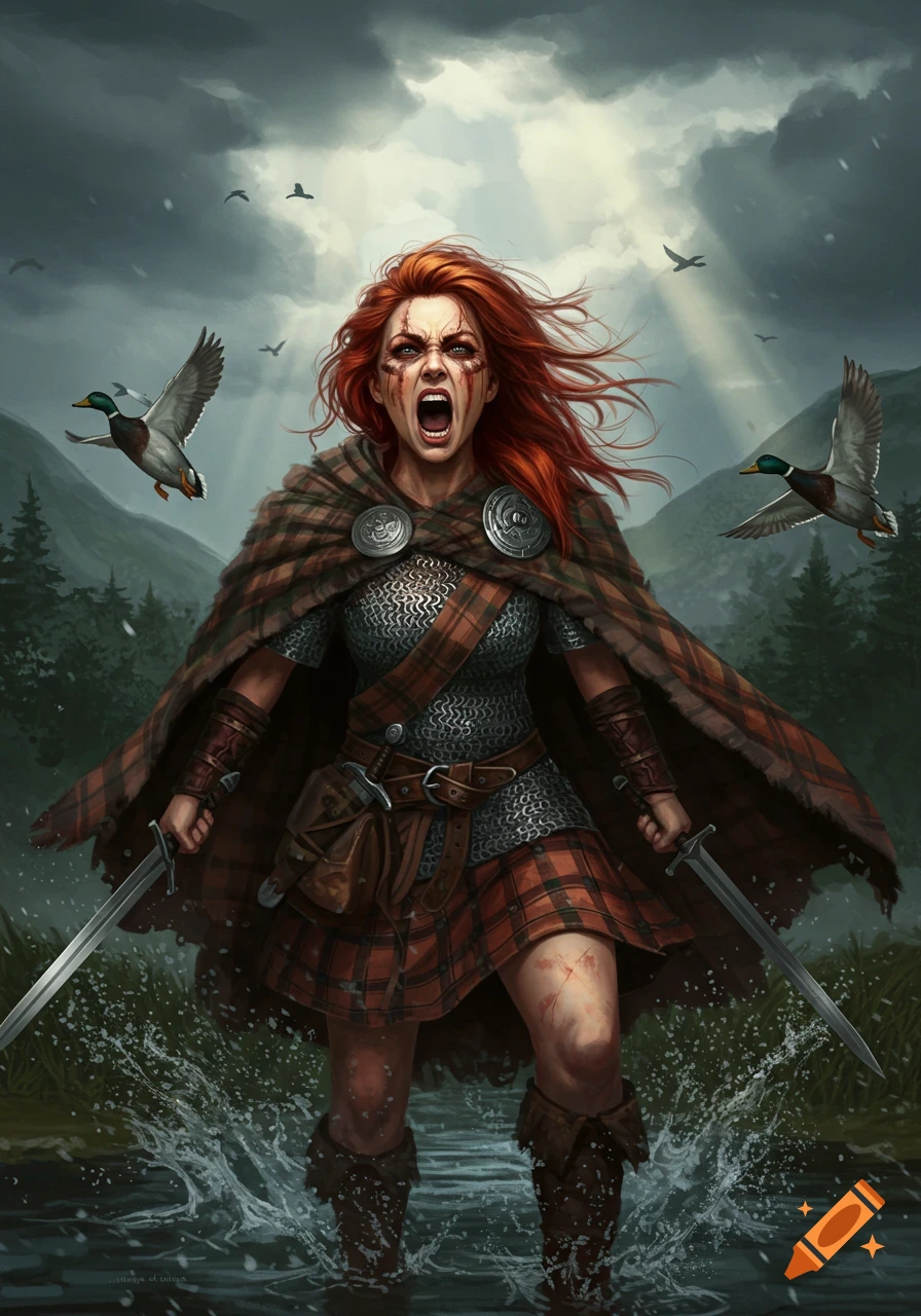 Fierce red-haired Scottish warrior woman screams, wielding swords in a stormy, watery landscape with flying ducks.