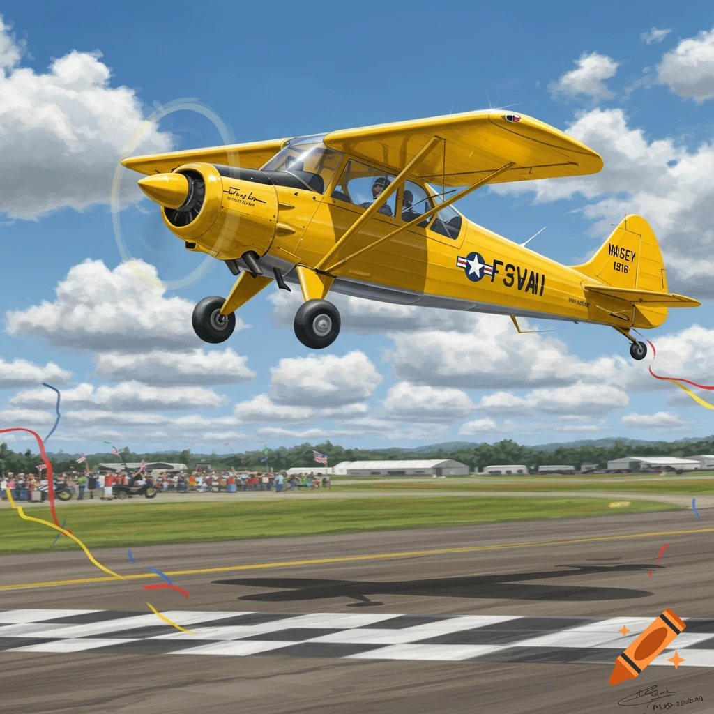 A vibrant yellow O-1 Bird Dog aircraft flies low over a runway, approaching a finish line with a cheering crowd in the background, in a painted style.