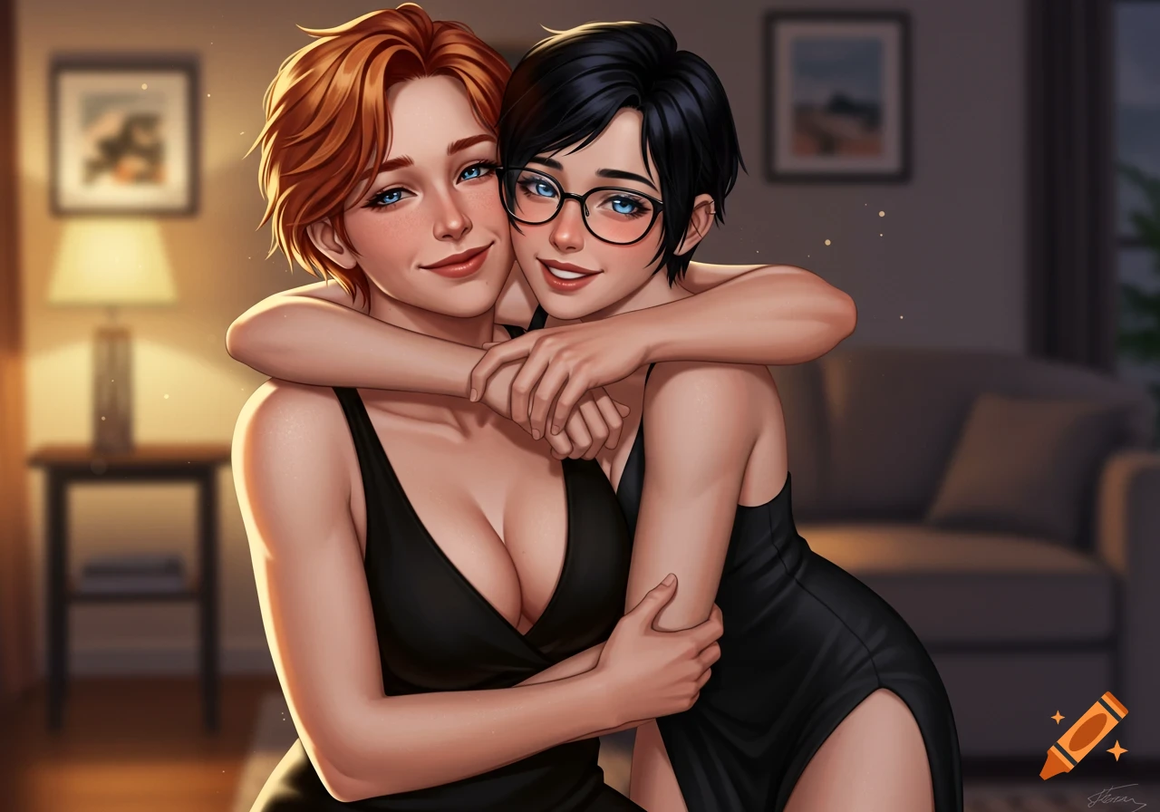 Digital illustration of a smiling redhead woman embracing a shorter black-haired woman wearing glasses, both in black dresses, indoors.