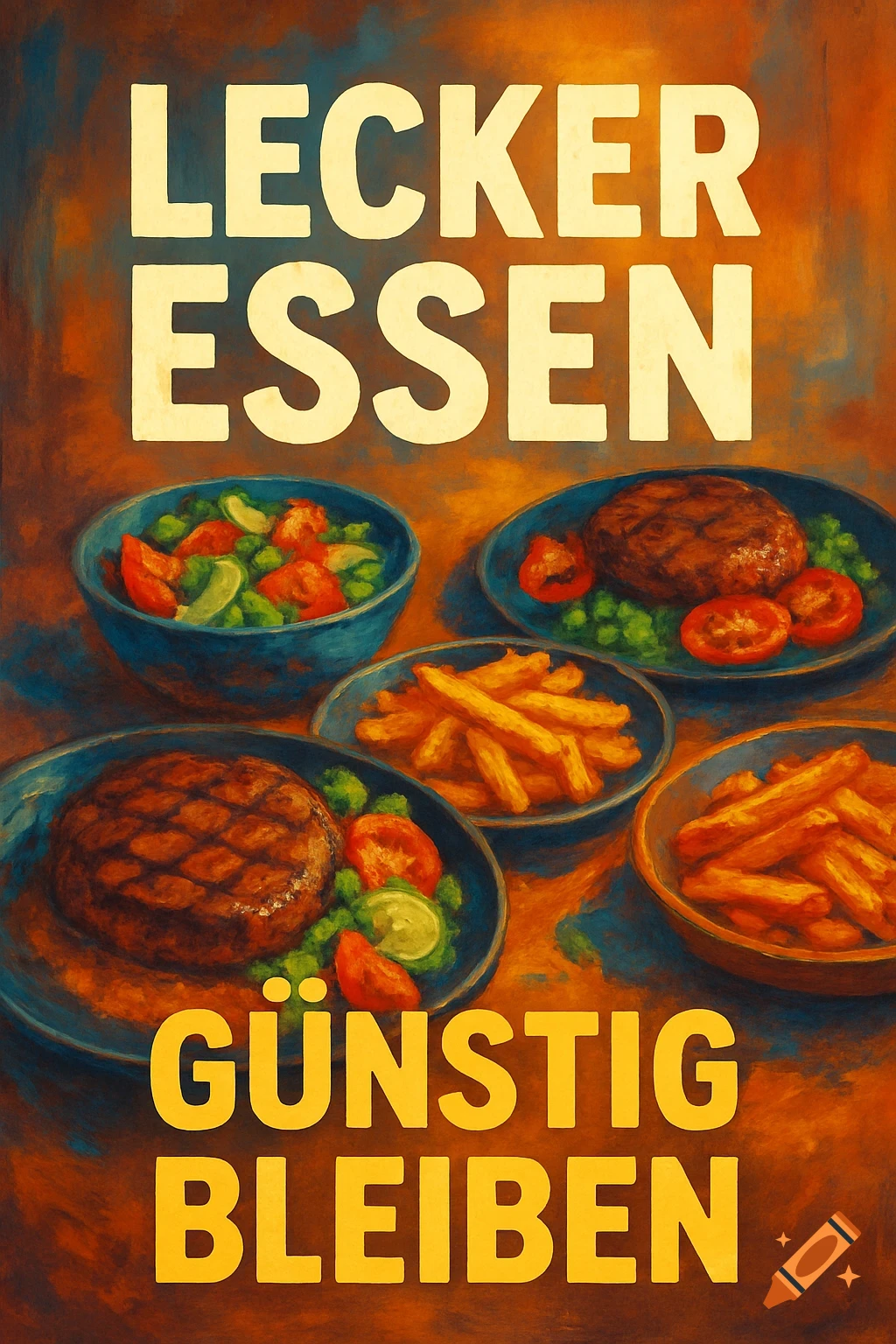 Painterly advertisement poster featuring plates of burgers, fries, and salad, with German text 'LECKER ESSEN GÜNSTIG BLEIBEN' at the top and bottom.