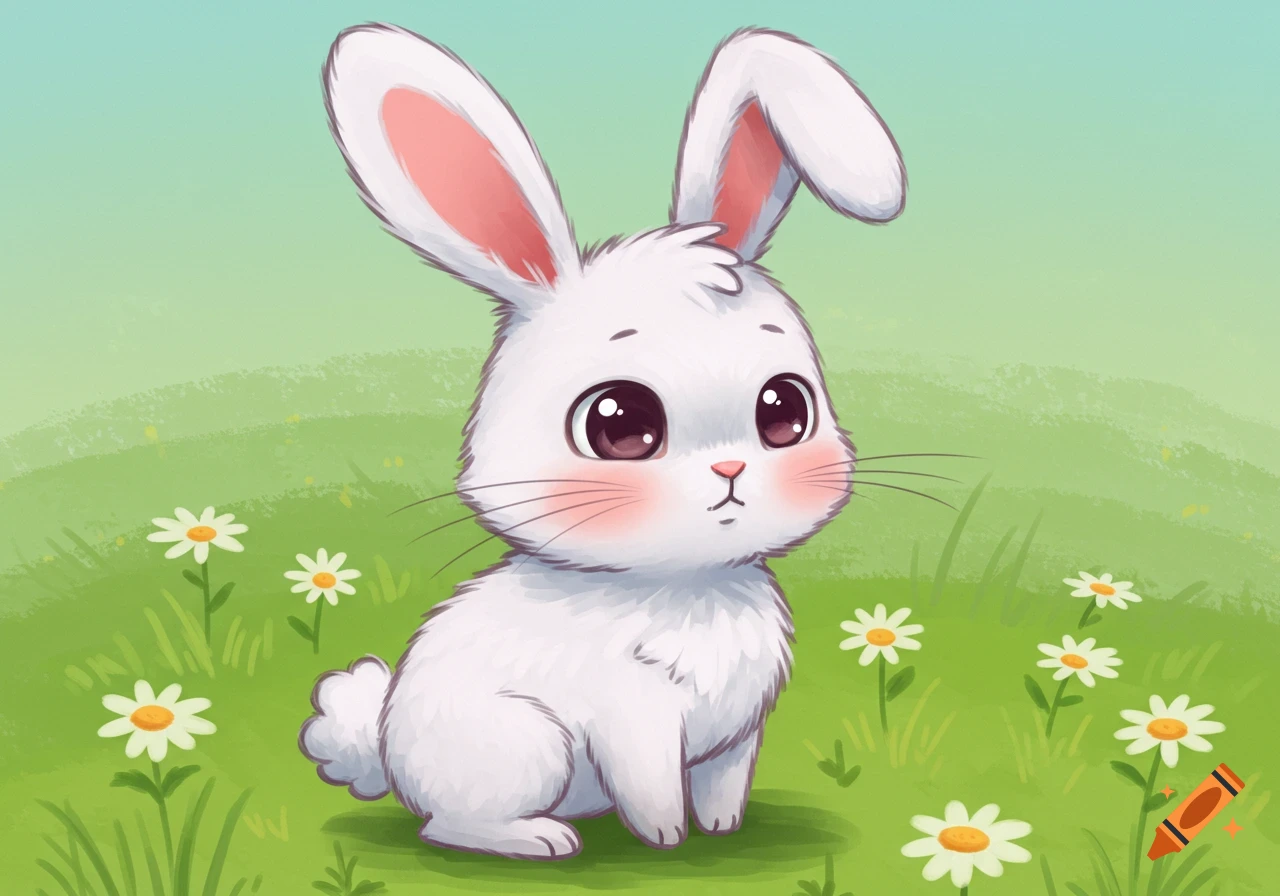 A cute cartoon white rabbit with big eyes and pink ears sits in a green field with white daisies.