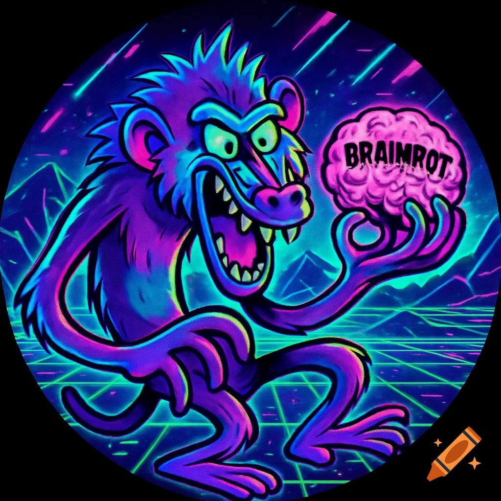 A neon purple, green, and blue cartoon baboon with long arms, holding a pink glowing brain labeled 'BRAINROT' in a glitchy cyberpunk landscape.