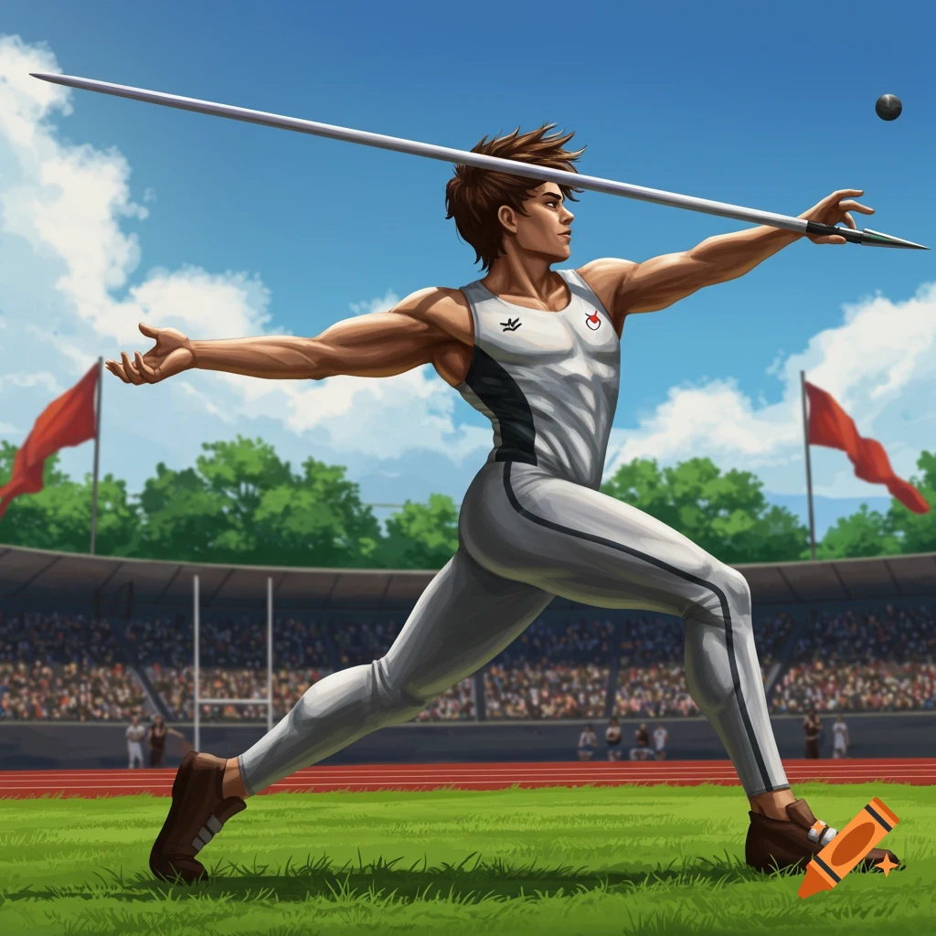 An illustrated young male javelin thrower in a white and black uniform with two small logos on his chest, mid-throw in a sunny stadium with spectators in the background.
