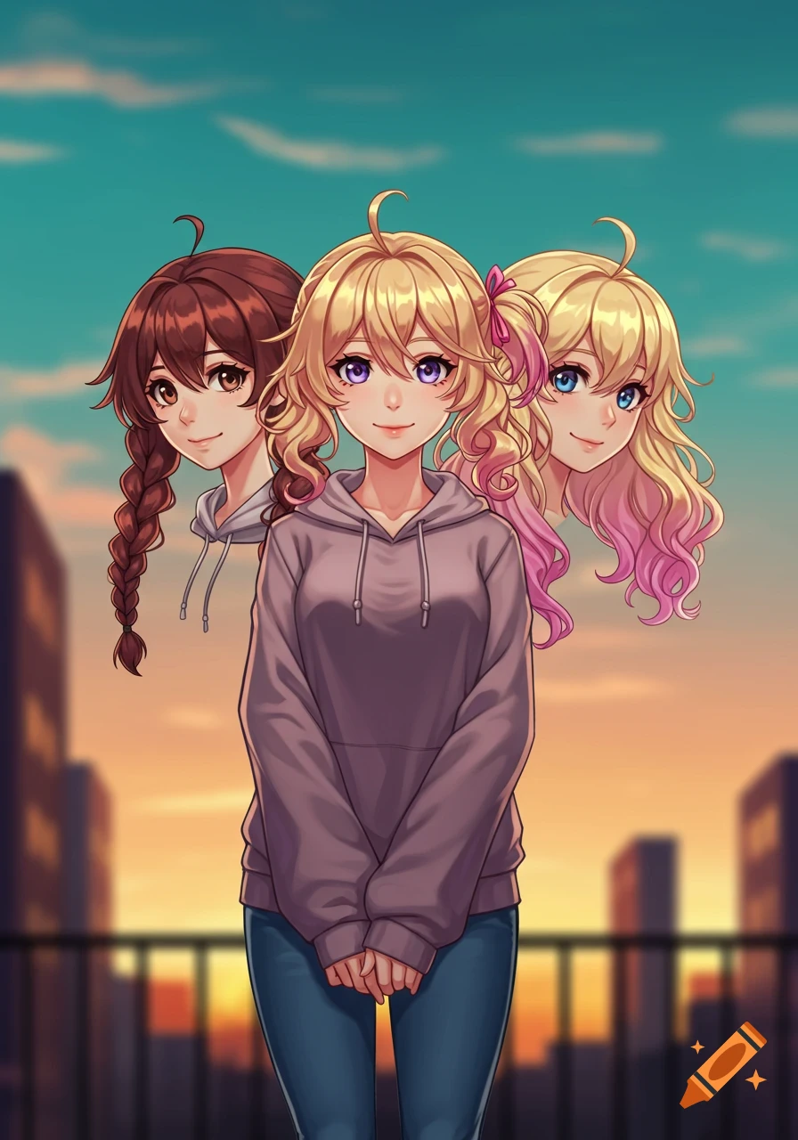 An anime girl with three distinct heads, wearing a grey hoodie and blue jeans, stands against a blurred sunset city background.