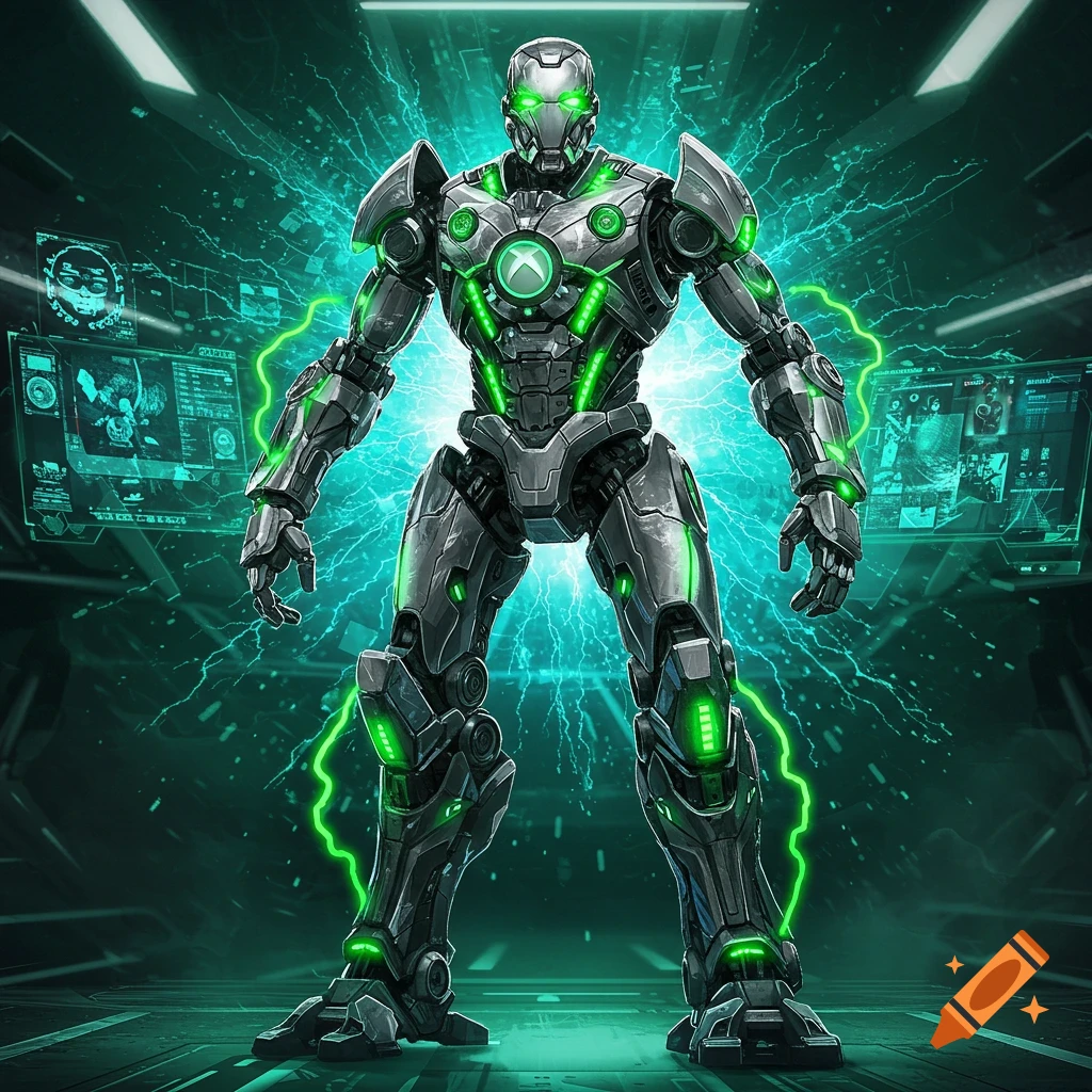 A powerful robot in a metallic silver and glowing green Xbox-themed armor stands in a futuristic, dark room with screens showing data.