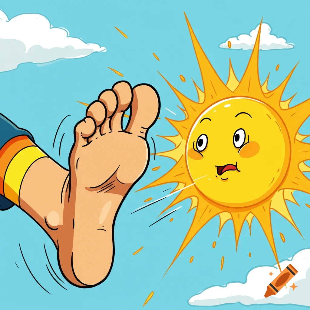 A cartoon foot kicks a surprised sun in a blue sky with clouds.