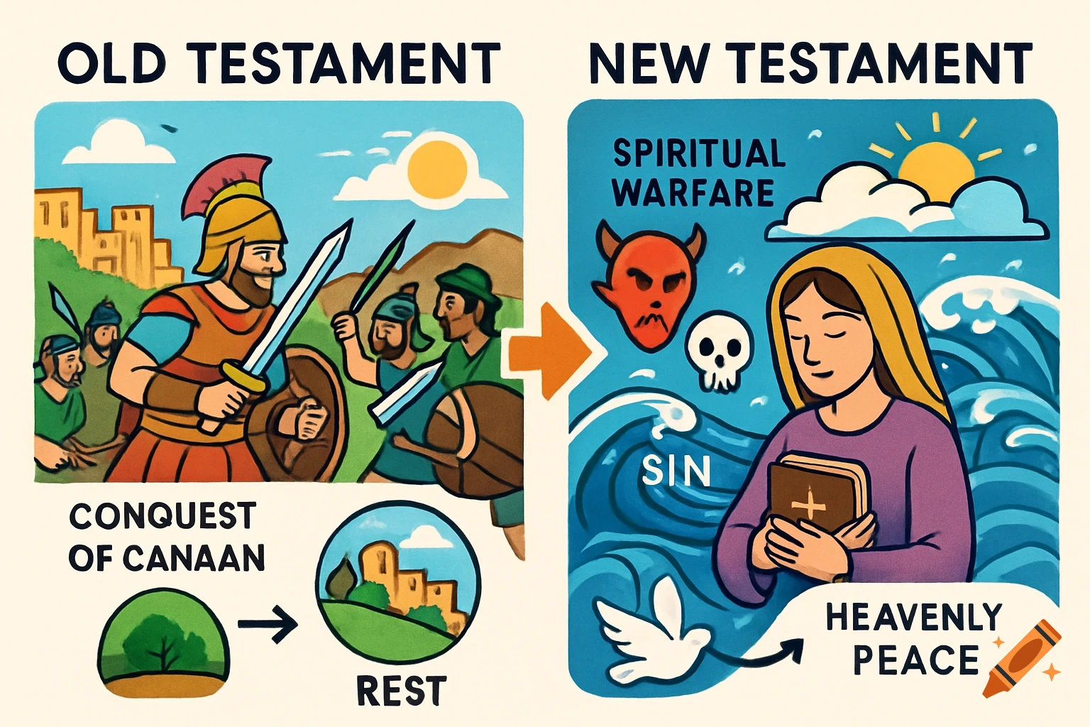 An illustration contrasting Old and New Testaments. Left: soldiers, conquest, and rest. Right: spiritual warfare, sin, a woman with a Bible, and heavenly peace.