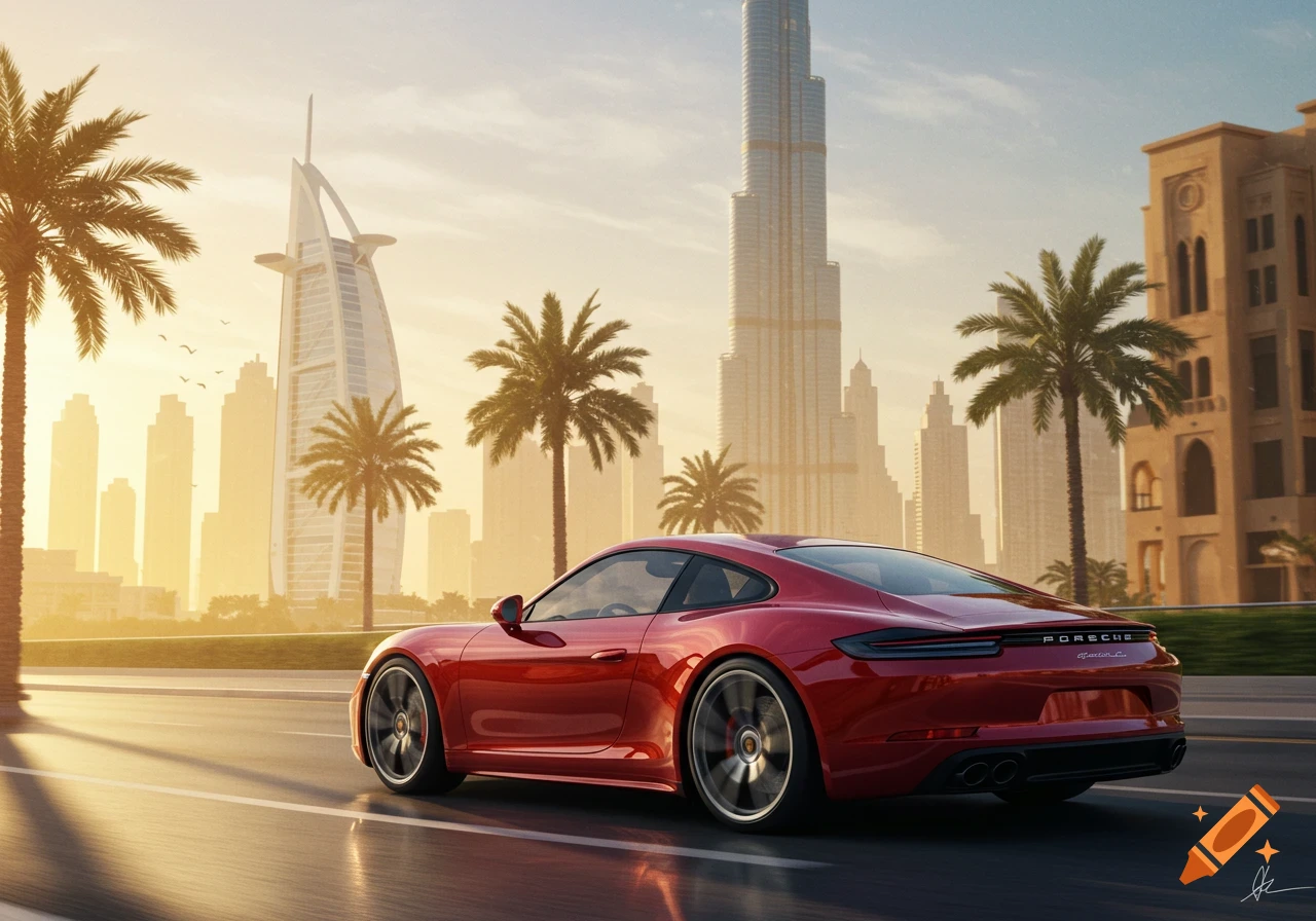 Red Porsche drives on a Dubai road at sunset, with Burj Khalifa, Burj Al Arab, and palm trees. Photorealistic.