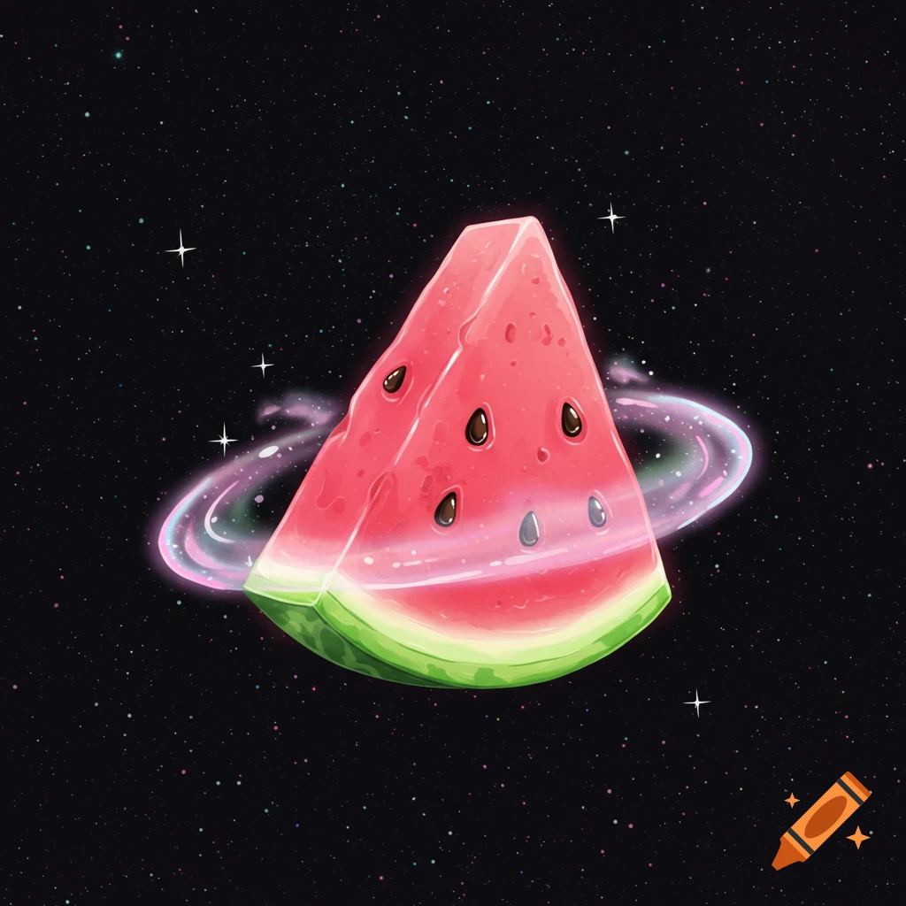 A cartoony slice of watermelon with a glowing pink ring, floating in starry space.