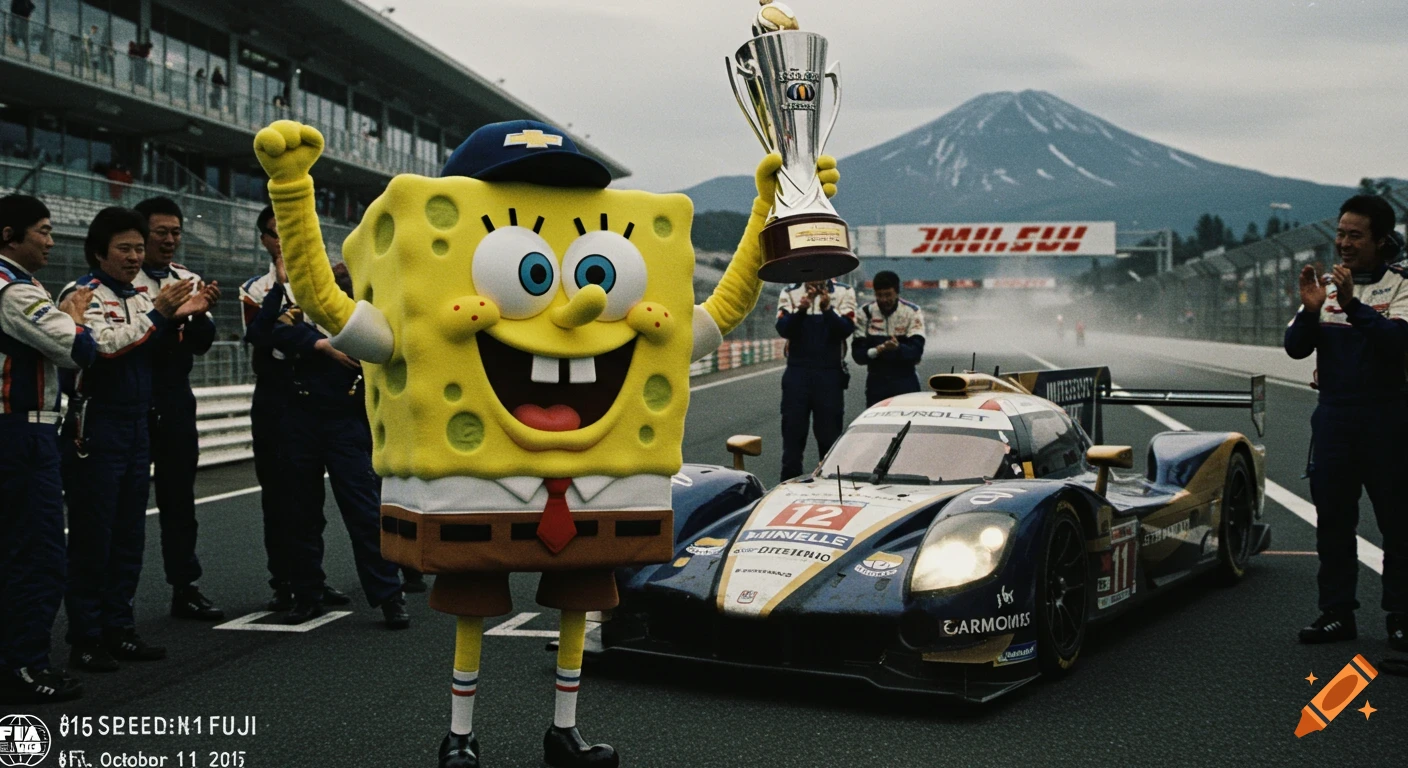 SpongeBob SquarePants in a racing uniform holding a trophy next to a Chevrolet LMP1 race car on a track, with Mount Fuji in the background. Photorealistic style, with a slight VHS grain filter.