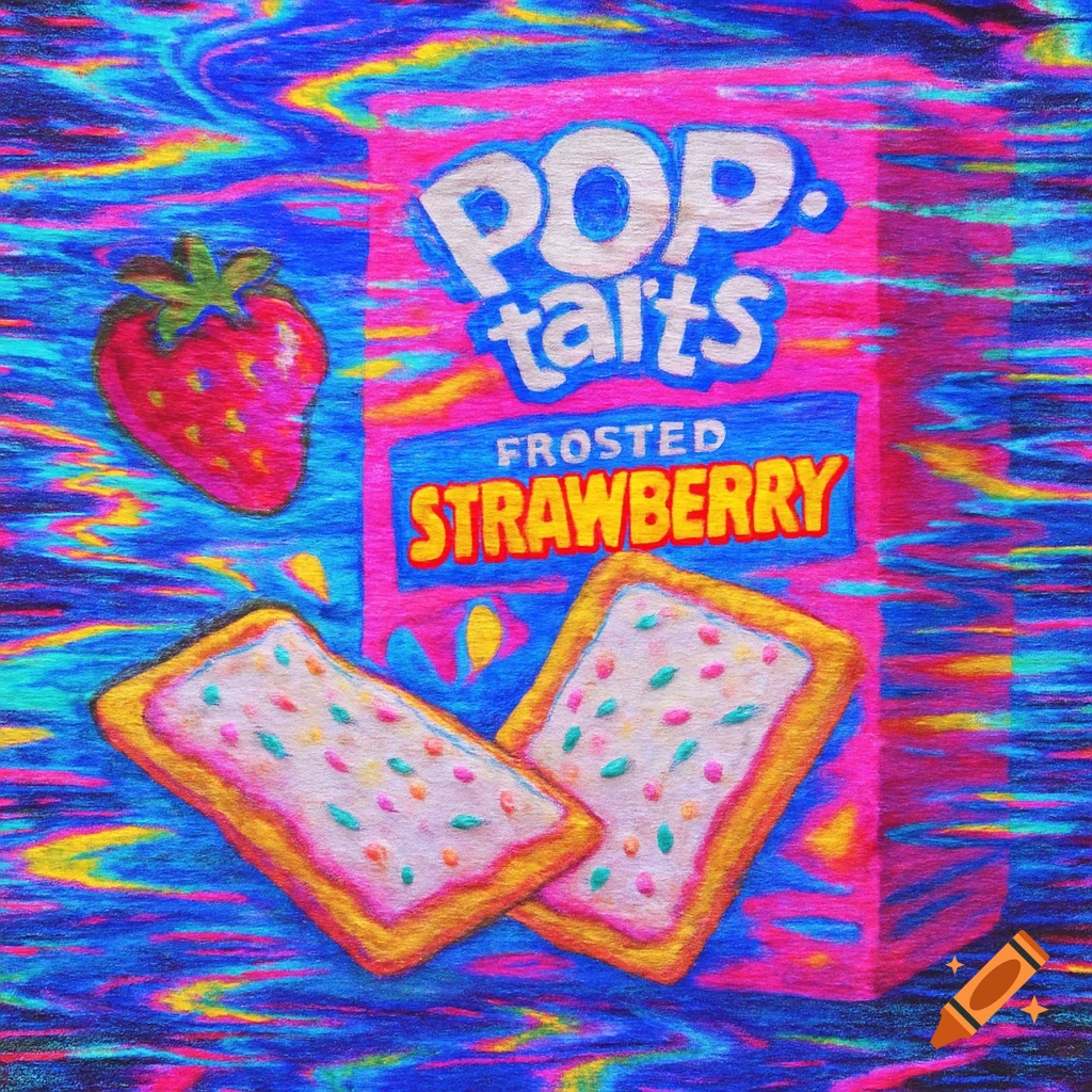 Vibrantly colored Pop-Tarts box, frosted Pop-Tarts, and a strawberry with a retro, glitch art style.