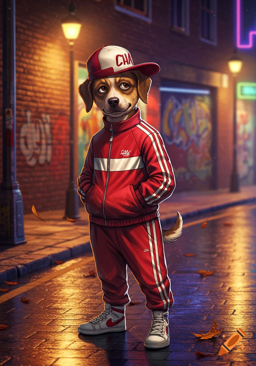 A cartoon dog in a red and white tracksuit, baseball cap, and sneakers stands on a wet street at night with graffiti-covered walls.