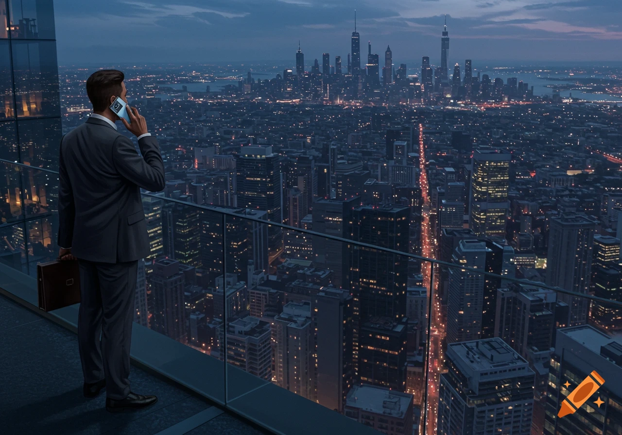 A businessman in a suit stands on a high-rise balcony, talking on a phone and looking over a vast city skyline at dusk.