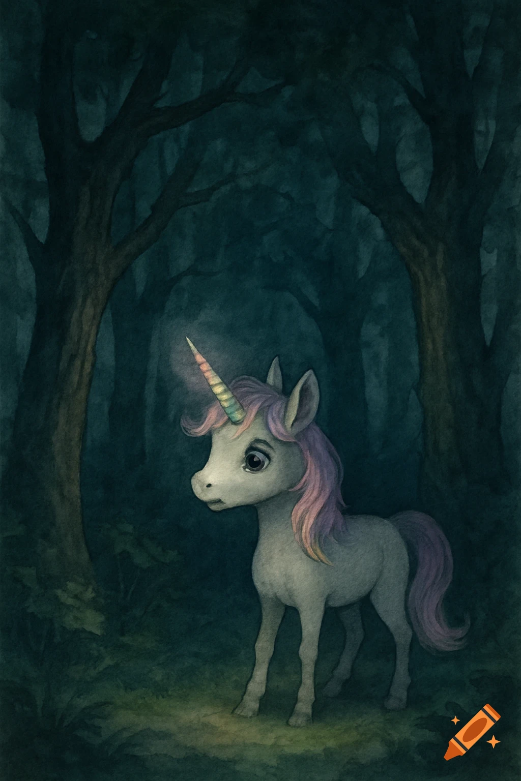 A watercolor painting of a small, fearful unicorn with a rainbow horn and pink mane standing in a dark, shadowy forest.