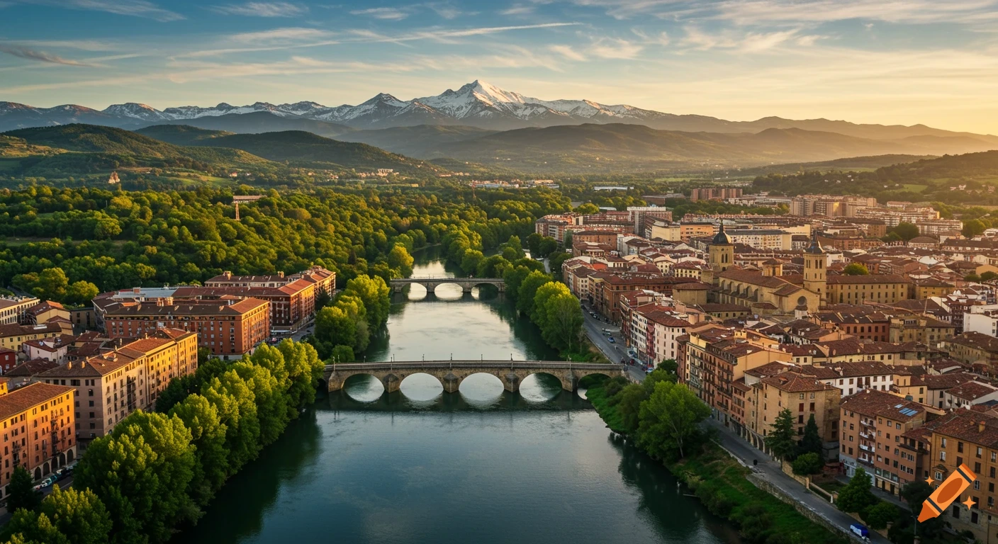 Aerial view of a city along a river with bridges, surrounded by green forests and snow-capped mountains at sunset.